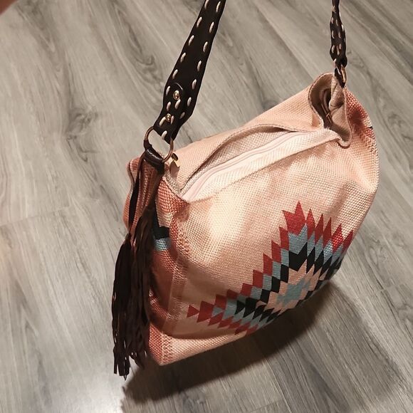 Southwestern Soft Burlap Fringe Stylish Tan & Brown Hobo Bag - Picture 3 of 11